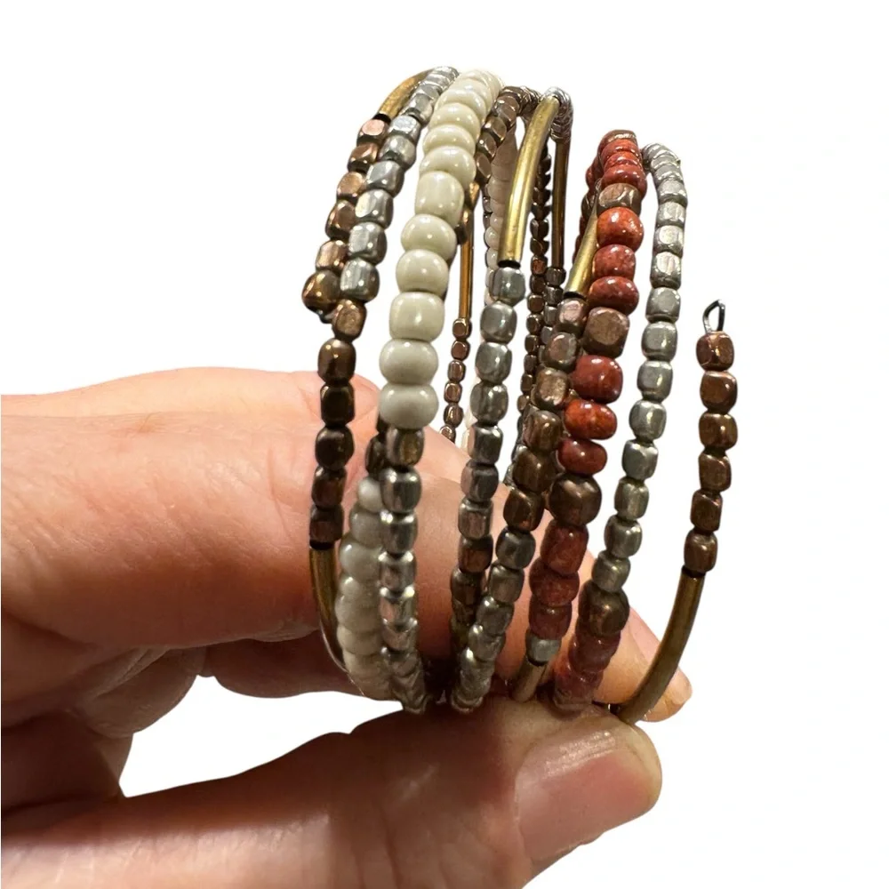 One Piece Continuous Beaded Multi-Row Earth Tone Bangle Bracelet